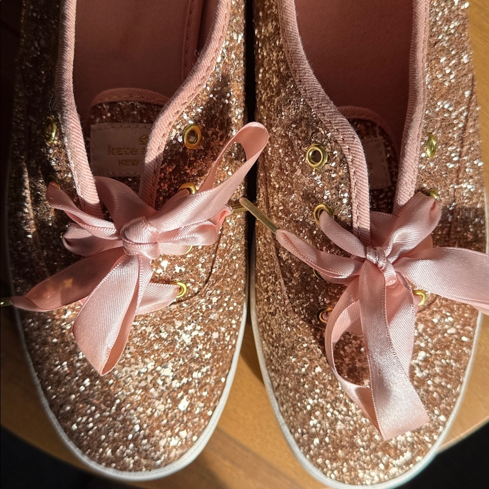 Keds Kate Spade New York Rose Gold Glitter Lace Up Sneakers satin bow blush pink - Picture 2 of 9